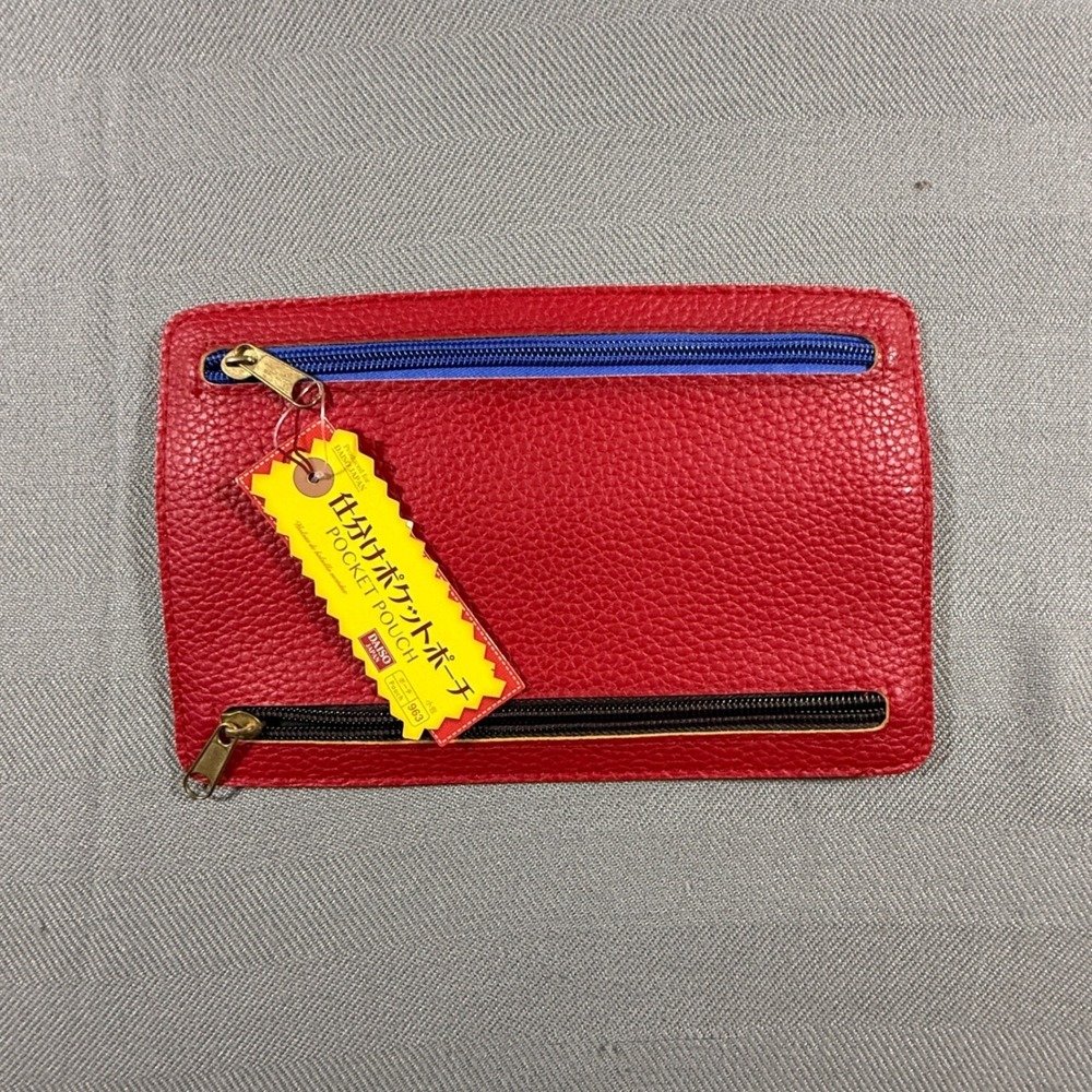 Daiso Japan Red Pebbled Pocket Pouch Multi Zipper Travel Wallet Organizer NEW
